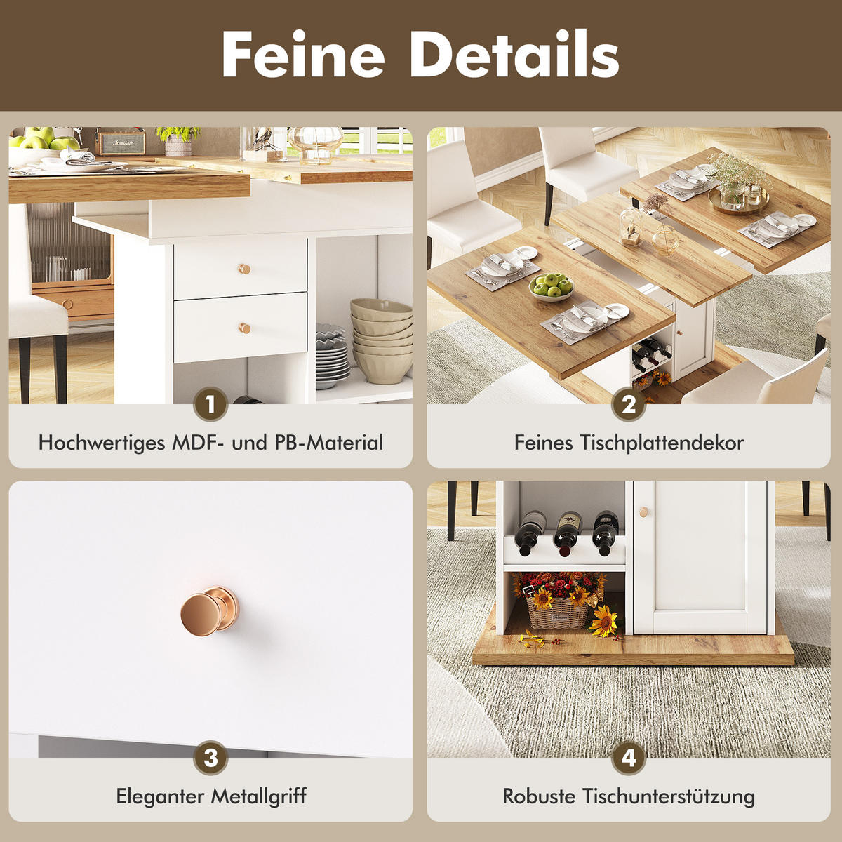 ESSTISCH 80/140/75 cm Weiß Natur aus MDF mit Stauraum und Auszug - Naturfarben, Holzwerkstoff (140/80/75cm) - OKWISH