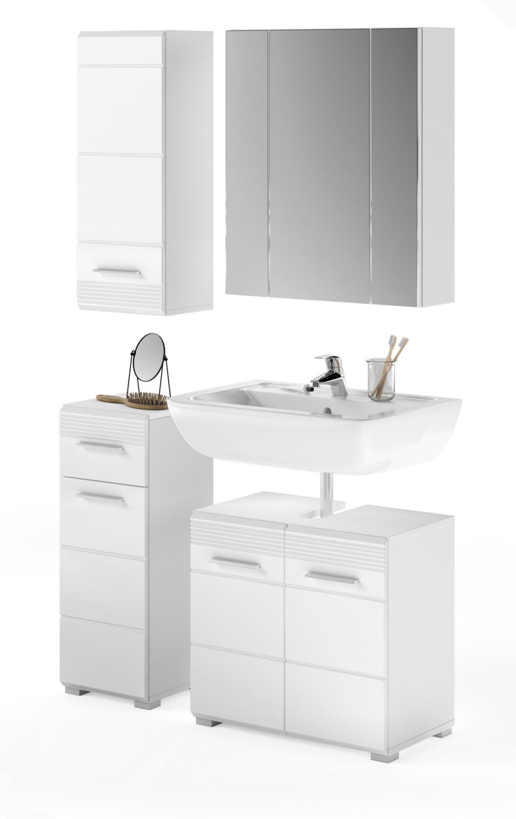 BADMÖBEL-SET, weiß Hochglanz 4-teilig, 105 x 182 cm, Badkombination mit Spiegelschrank - Weiß Hochglanz, Glas/Holzwerkstoff (105/182/34cm) - Inn.Furn