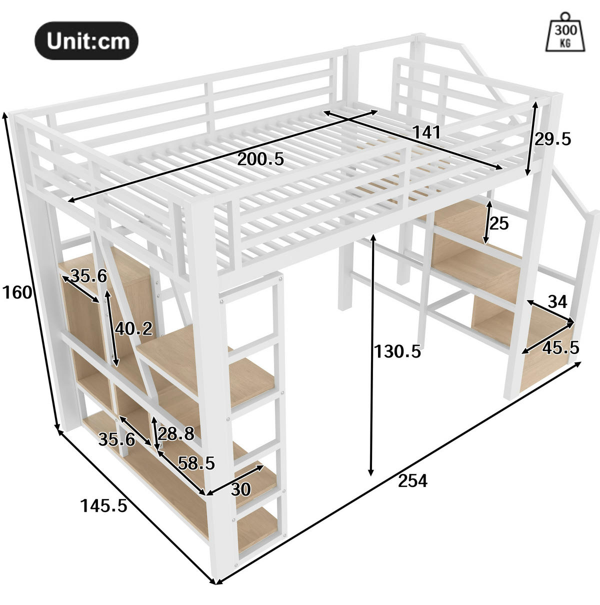 HOCHBETT 140/200 cm aus Metall und MDF mit LED-Lichtleiste und Stauraumtreppe Weiß - Weiß, Holzwerkstoff (140/200cm) - Modenvie