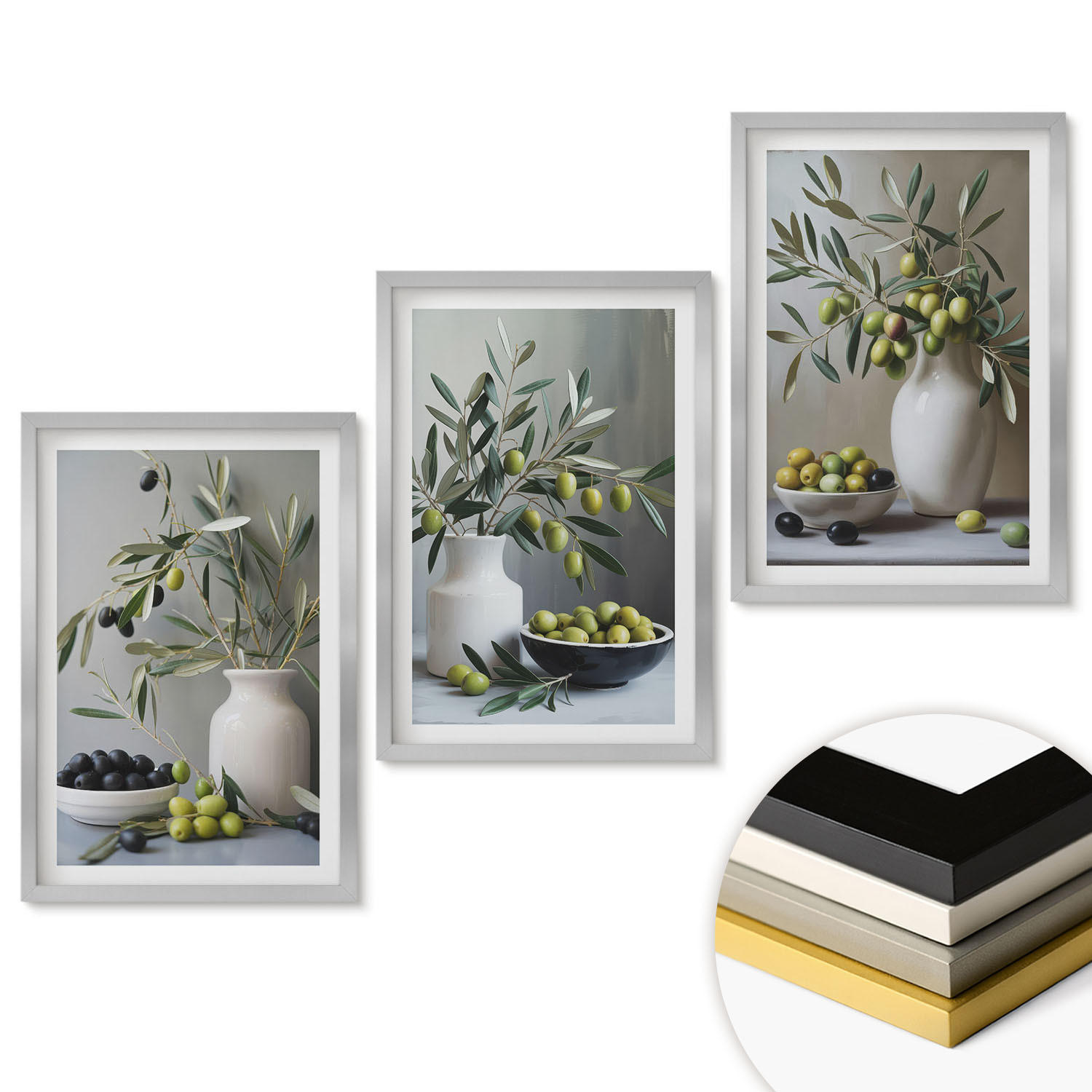 WANDBILDER 3er Set - 40x60 cm Silberner Rahmen - Oliven in grauen Vasen - Silberfarben, Kunststoff (40/60cm) - ArtPrintCave