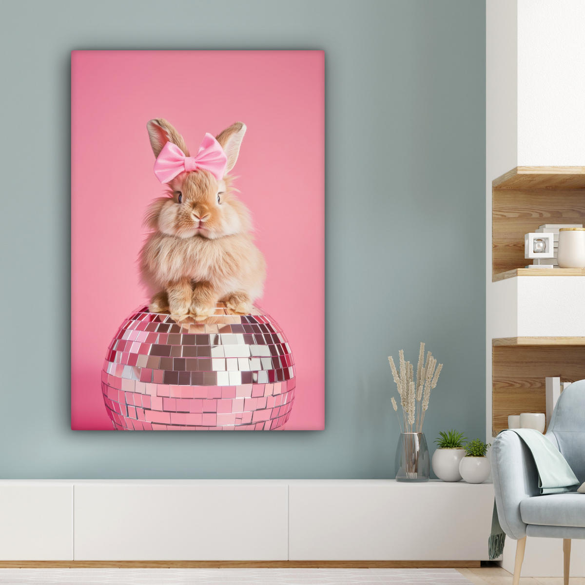 LEINWANDBILD Schleife - Discoball - Kaninchen Deko Groß 90x140 cm - Pink, Textil (90/140cm) - MuchoWow