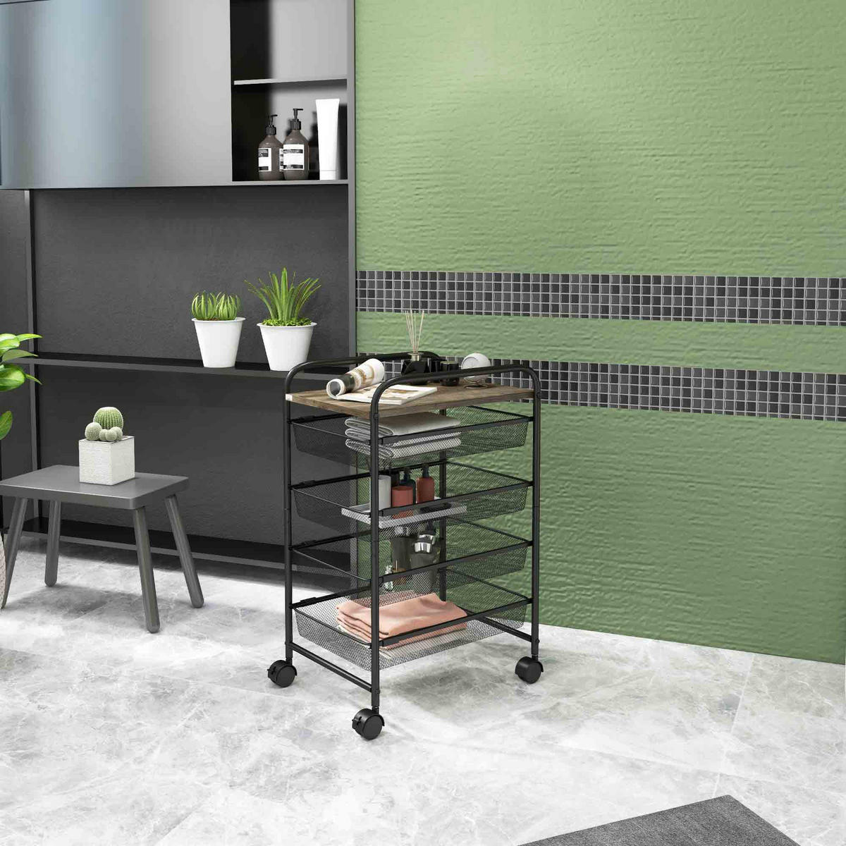 ROLLWAGEN, Küchenwagen, Stahl, Schwarz - Schwarz, Holzwerkstoff (31/66/41.5cm) - HOMCOM