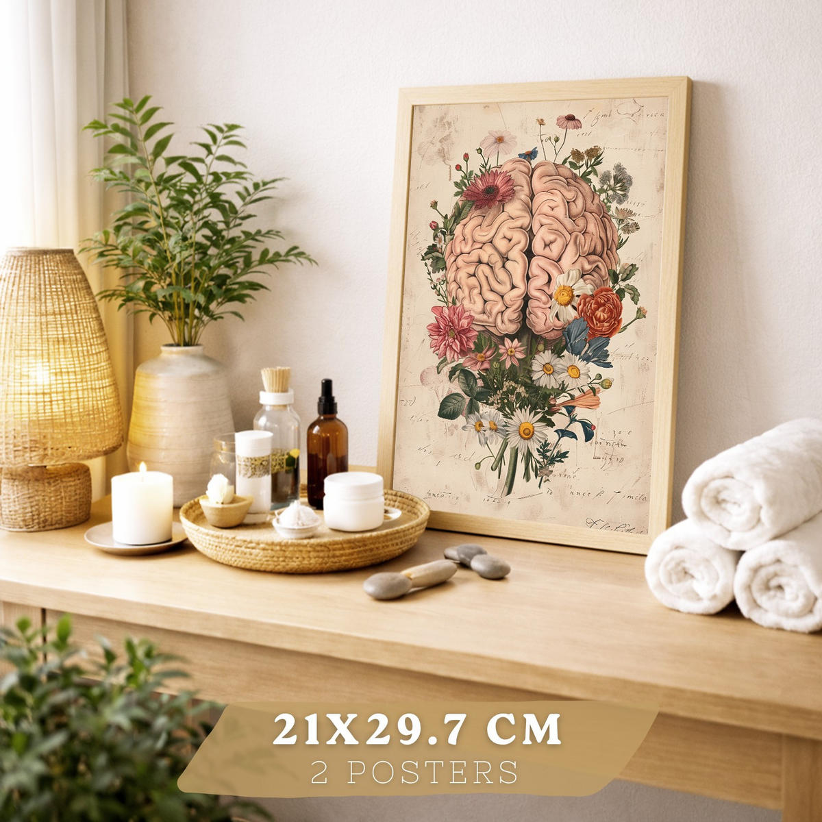 POSTER Set aus 2 Weibliche Anatomie Drucke und Wandbilder mit Gehirn und Gebärmutter Botanischer Retro Floraler Stil Größe Leichter Holzrahmen A4 - Beige, Papier (21/29.7/3cm) - Nacnic