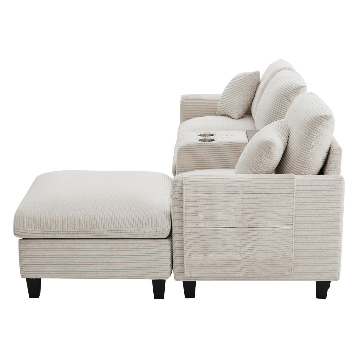 SOFA L-Form 4-Sitzer mit Konsole und 2 USB-Anschlüssen Cord Beige 229/149,5/83 cm - Beige, Textil (229/149.5cm) - OKWISH