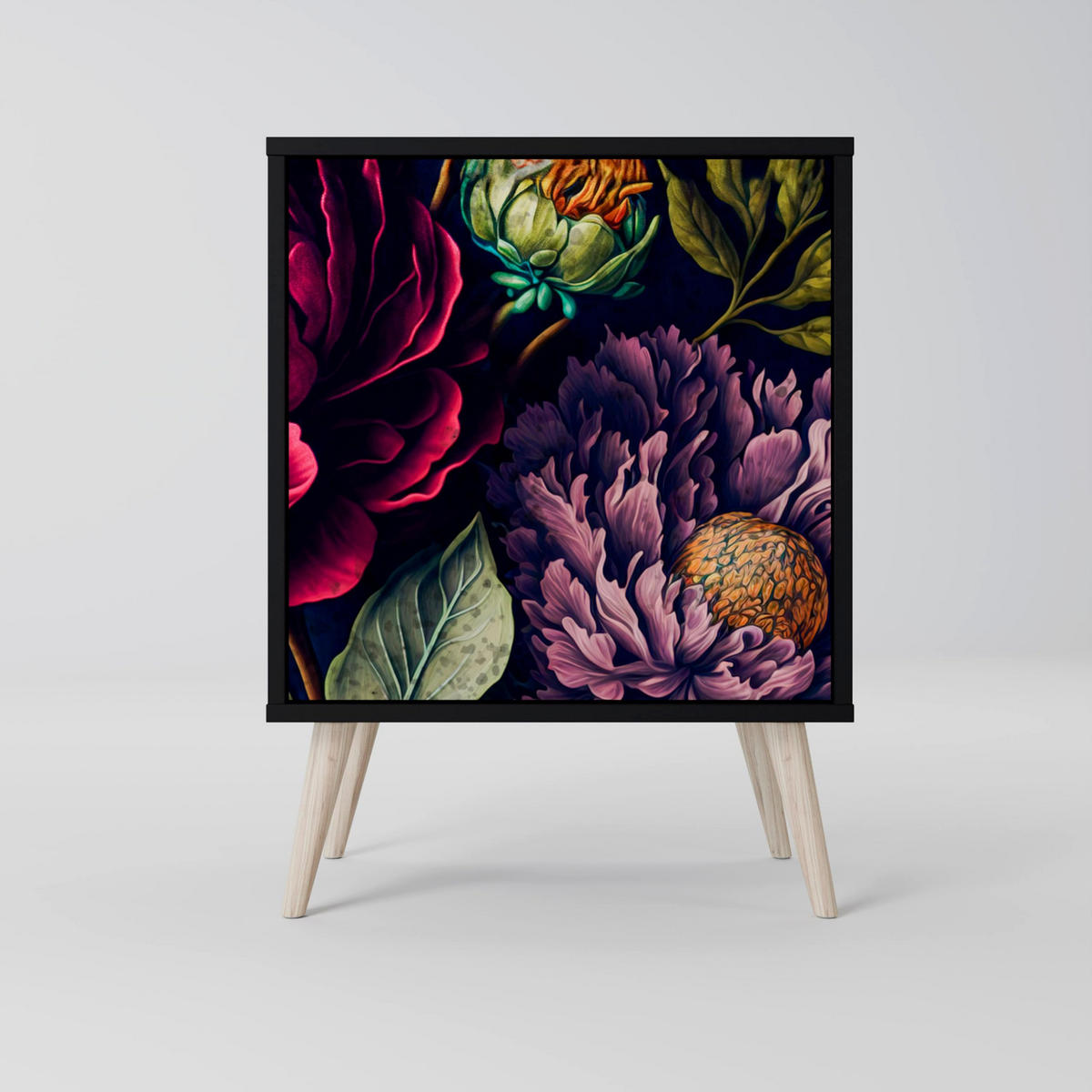 SIDEBOARD BLOOMING ELEGANCE, Schwarz, 57,5x42x75,5 cm, Goldfarbene Metallfüße - Goldfarben/Multicolor, Holzwerkstoff/Metall (57.5/75.5/42cm) - SpaceRebels