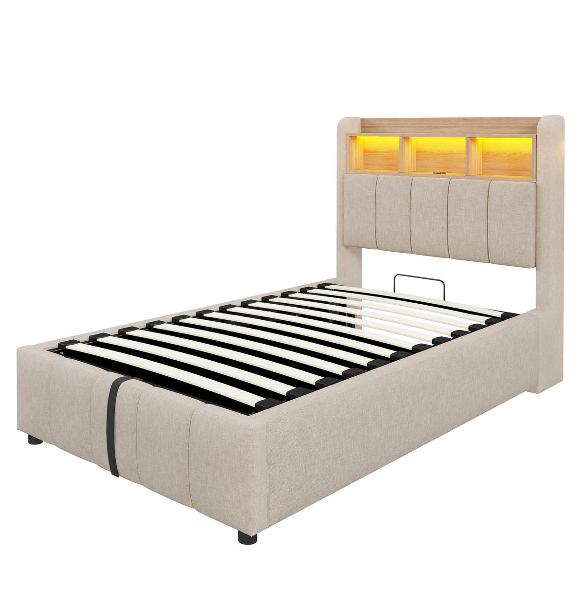POLSTERBETT mit Stauraum, LED und USB 90x200 cm Beige - Beige, Metall (90/200cm) - Meubliv