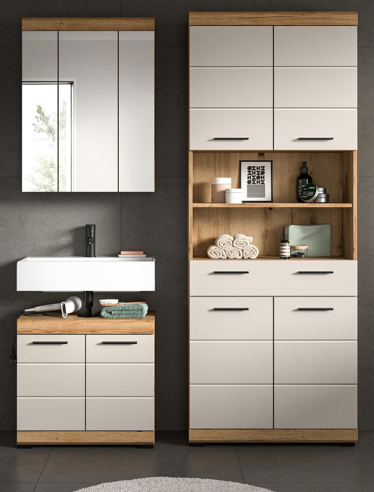 BADMÖBEL Set 3-teilig in Sand Kaschmir und Evoke Eiche Badkombination 149 x 191 cm Shawn - Kaschmir/Eichefarben, Glas/Holzwerkstoff (149/191/34cm) - Inn.Furn