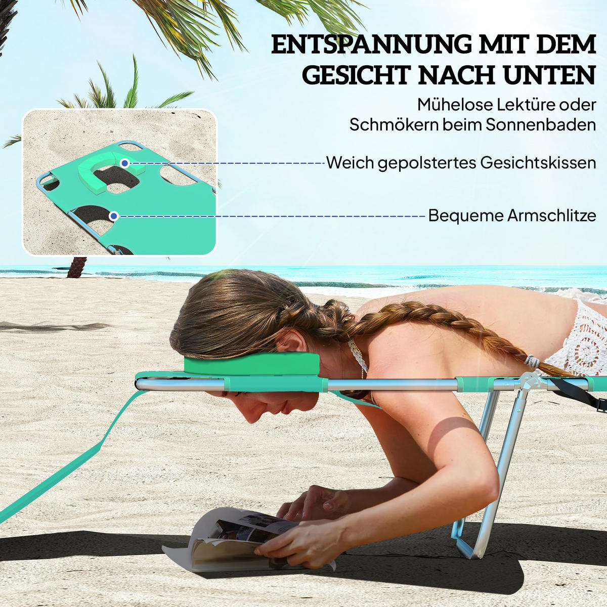 SONNENLIEGE klappbar, Seitentasche, Grün - Grün, Kunststoff (55/29/185cm) - Outsunny