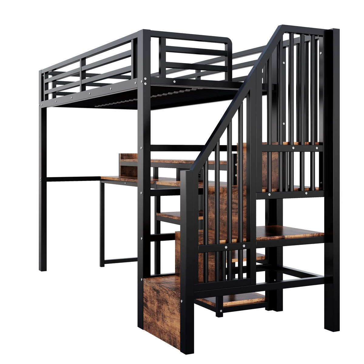 HOCHBETT MDF & Metall 90x200 cm Schwarz mit Leiterschrank, LED-Lichtleiste, USB + Typ-C - Schwarz, Holzwerkstoff (90/200cm) - Modfu