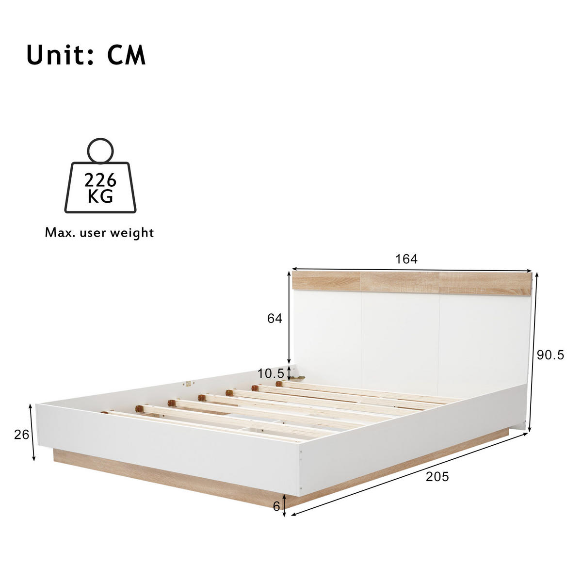 BETT 160/200 cm in Weiß/Eiche Sonoma mit Lattenrost und Schwebeoptik - Weiß, Holzwerkstoff (160/200cm) - Flora Grace