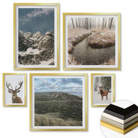 WANDBILDER 5er Set - 50x50 cm & 20x30 cm & 40x60 cm Goldrahmen - Berge, Schnee, Hirsche, Waldlandschaft - Goldfarben, Kunststoff (40/60cm) - ArtPrintCave