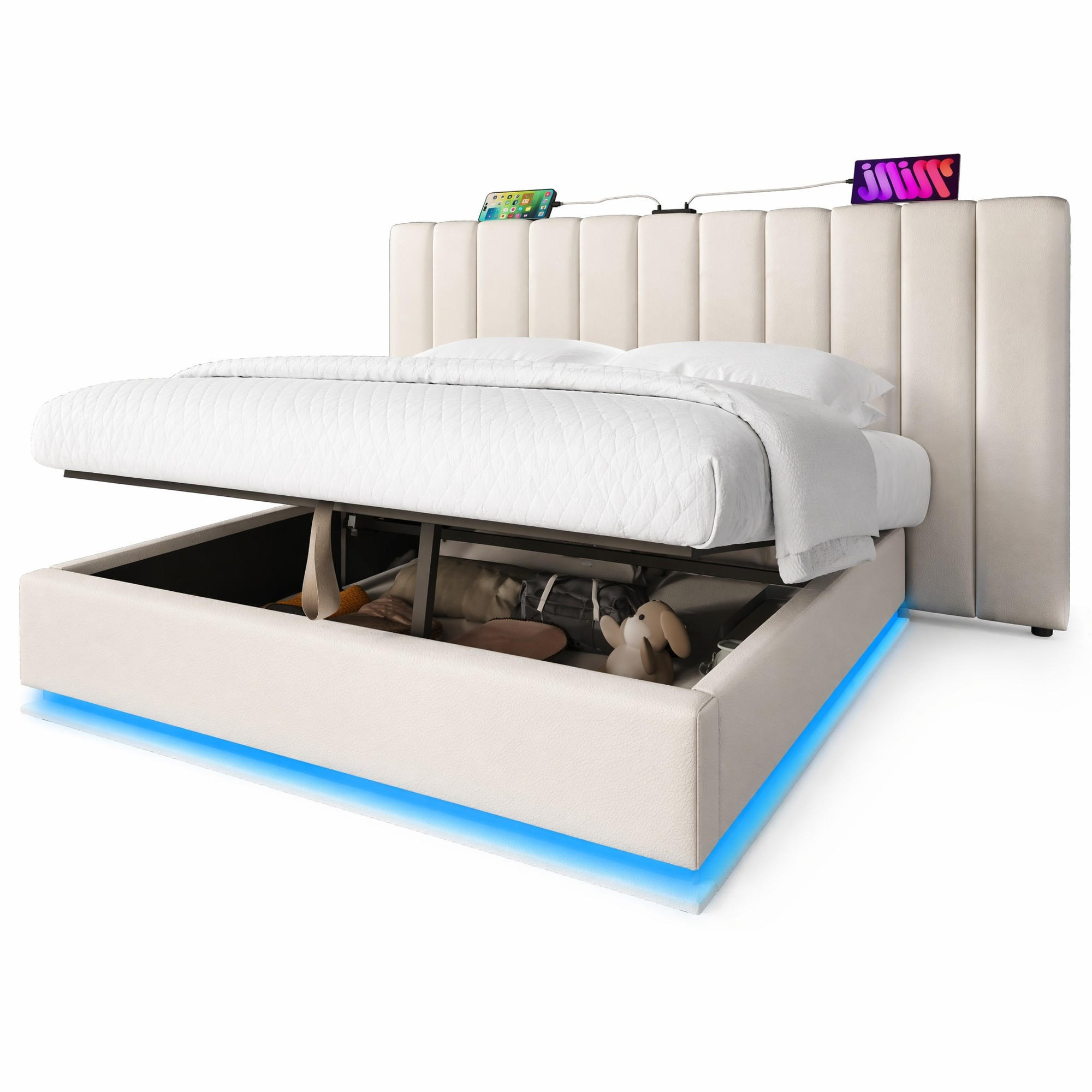 POLSTERBETT 180/200 mit Bettkasten, LED und USB in Weiß - Weiß, Holzwerkstoff/Textil (180/200cm) - EVRYAE