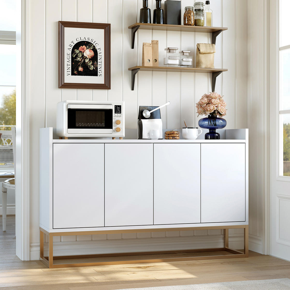 SIDEBOARD, 120/80/30 cm, mit 4 Türen, MDF, weiß - Weiß, Holz/Metall (120/80/30cm) - GENKI LIVING