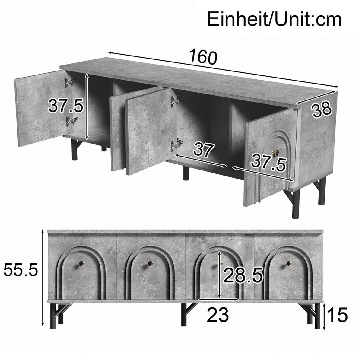 TV-BOARD 4-türig Modern 160cm Soft-Close Scharniere Grau - Grau, Holz (46.36/13.34/171.45cm) - FLIEKS