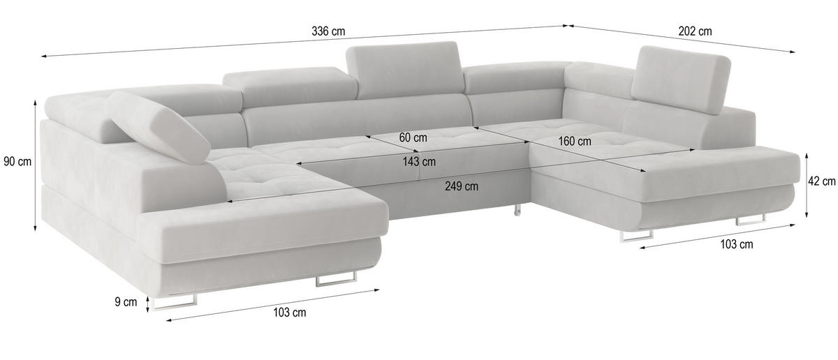 WOHNLANDSCHAFT RAGGIO Blau Velours-Stoff mit Schlaffunktion - Blau, Holz (336/90/202cm) - MASSENO
