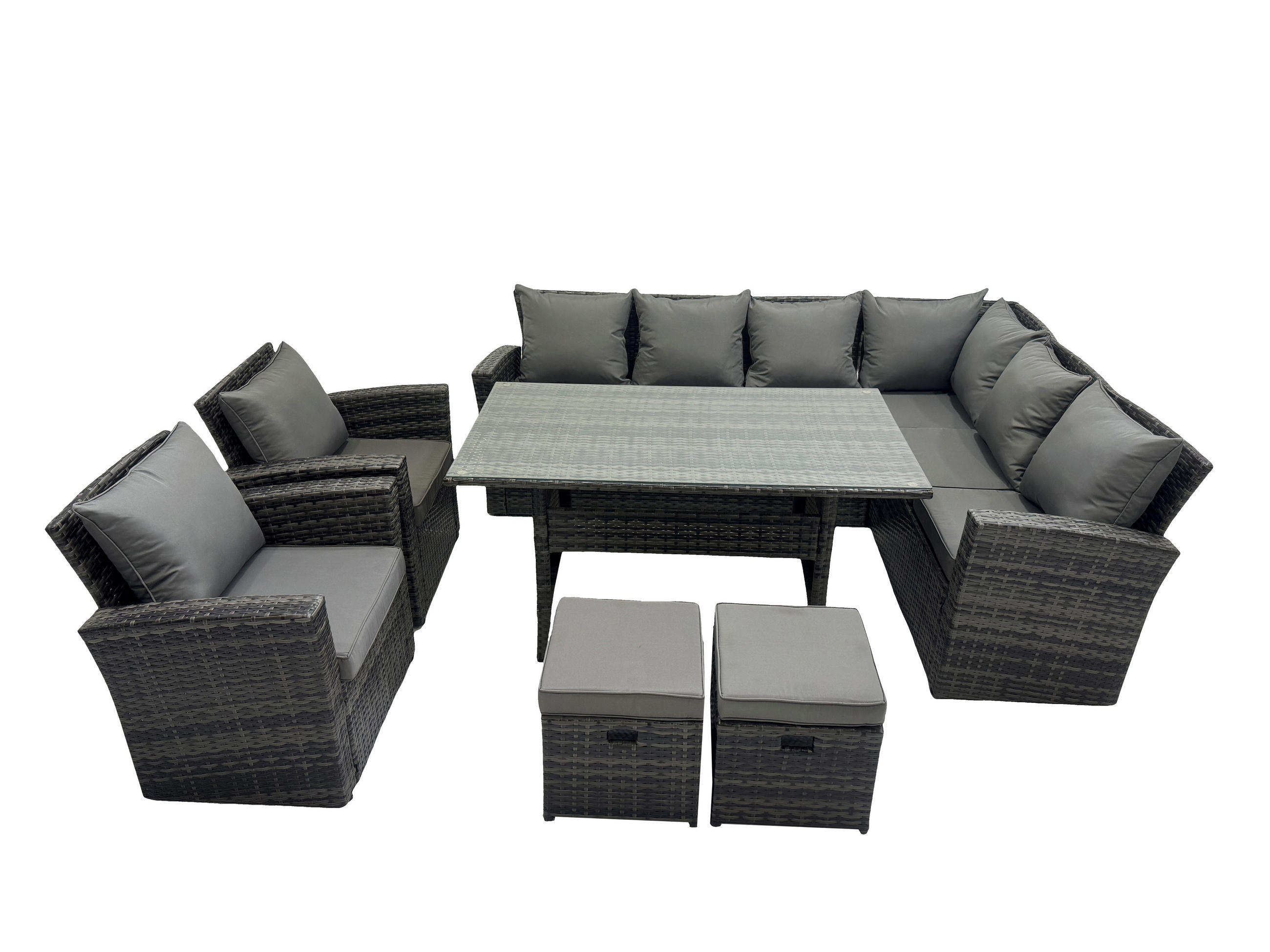 LOUNGEGARNITUR mit Esstisch Sofa Polyrattan Dunkelgrau 10-Sitzer - Dunkelgrau/Grau, Glas/Kunststoff - Fimous
