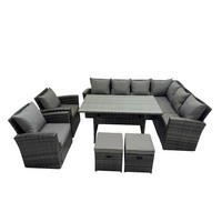 LOUNGEGARNITUR mit Esstisch Sofa Polyrattan Dunkelgrau 10-Sitzer - Dunkelgrau/Grau, Glas/Kunststoff - Fimous