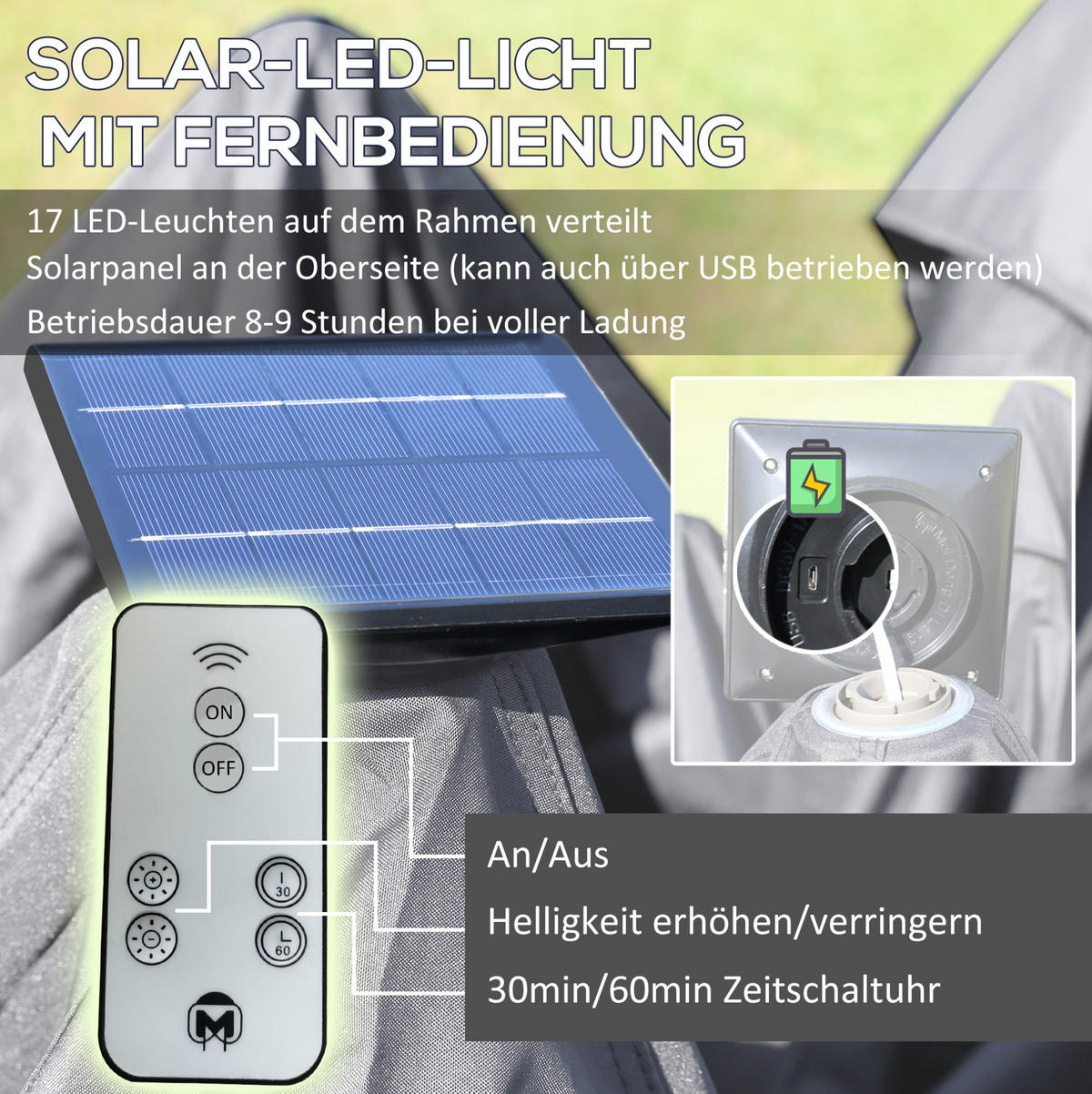 ZAHRADNÍ altán z kovu 330x330x288 cm šedý s LED osvětlením, USB nabíjením a síťovanými závěsy - šedá, kov (330/288/330cm) - Modfu