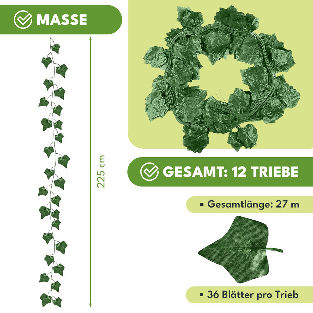 KUNSTPFLANZE Efeu Girlande 27m - Grün, Kunststoff (225cm) - KRUMAD