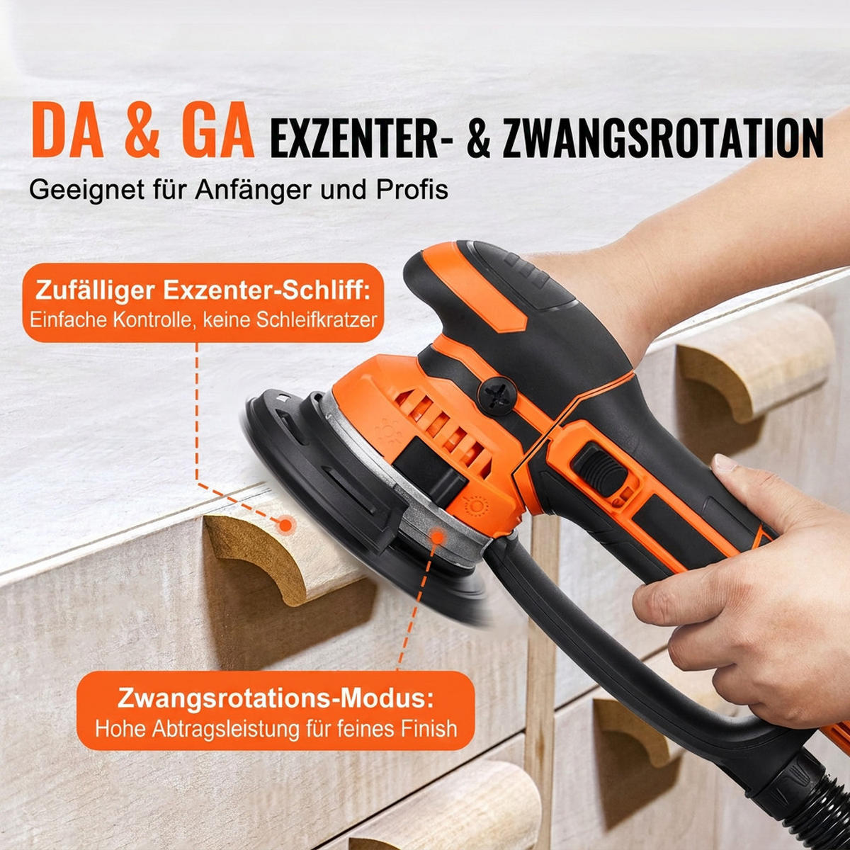 SCHLEIFMASCHINEN UND ZUBEHÖR 11-tlg 150mm Exzenterschleifer 850W 6-Stufen mit Staubabsaugung - Orange, Metall (20/30/10cm) - Raelunyi