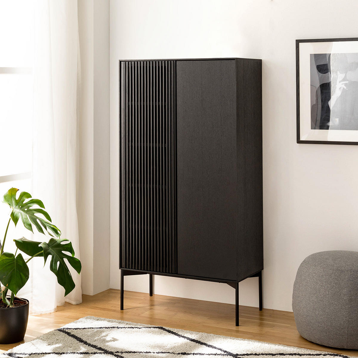 HIGHBOARD - Echtholzfurnier, Eiche Schwarz - Eichefarben/Schwarz, Holzwerkstoff (80/155/40cm) - home24