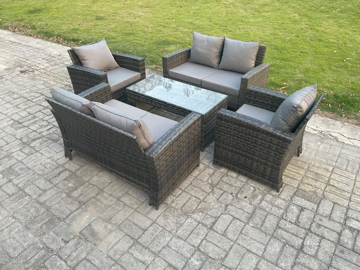 GARTENSOFA mit hoher Rückenlehne Polyrattan Dunkelgrau 6-Sitzer - Dunkelgrau, Metall - Fimous