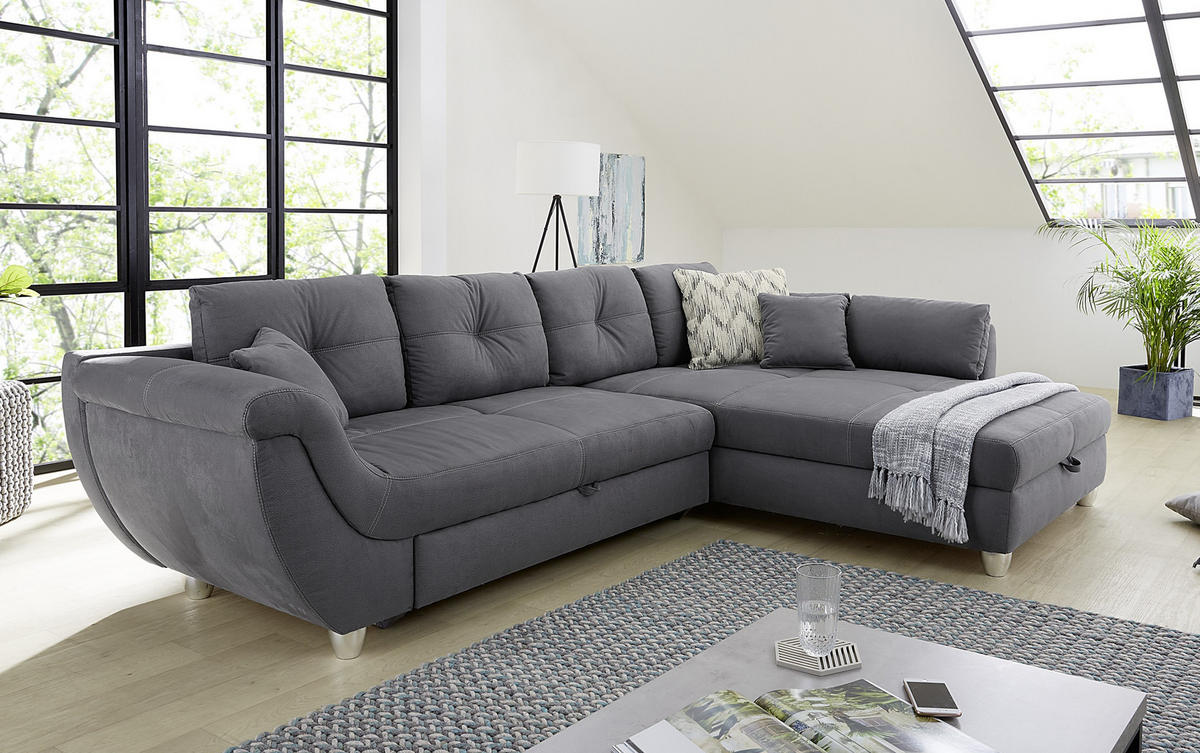 ECKSOFA mit Schlaffunktion und großem Bettkasten, seitenverkehrt montierbar B330/T207/H90 cm, Liegefl. 153x270 cm, Mikrofaser Grau / 15230 - Chromfarben/Grau, Kunststoff/Textil (330/207cm) - luma-home