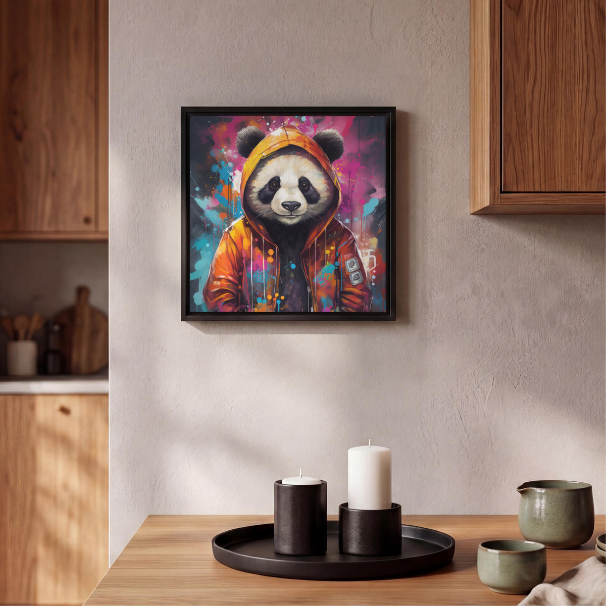 LEINWAND Bilder mit Rahmen - Panda - Jacke - Graffiti - Orange - 20x20 - Orange, Textil (20/20cm) - MuchoWow