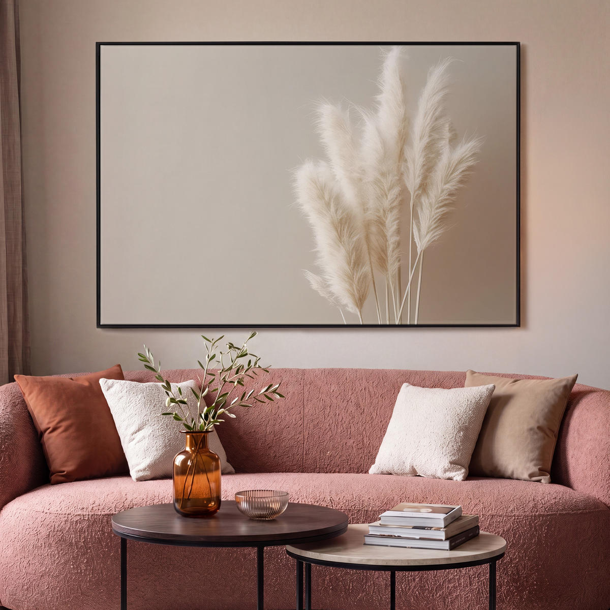 LEINWAND Bilder mit Rahmen - Pampasgras - Federn - Pastell - Weiß - 140x90 - Naturfarben, Textil (140/90cm) - MuchoWow