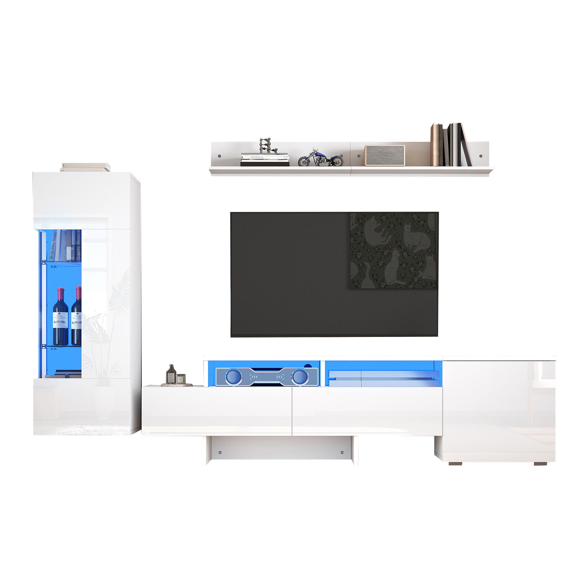 WOHNWAND 3-teilig LED Hochglanz Weiß TV Schrank - Weiß, Glas (170/45/35cm) - FLIEKS