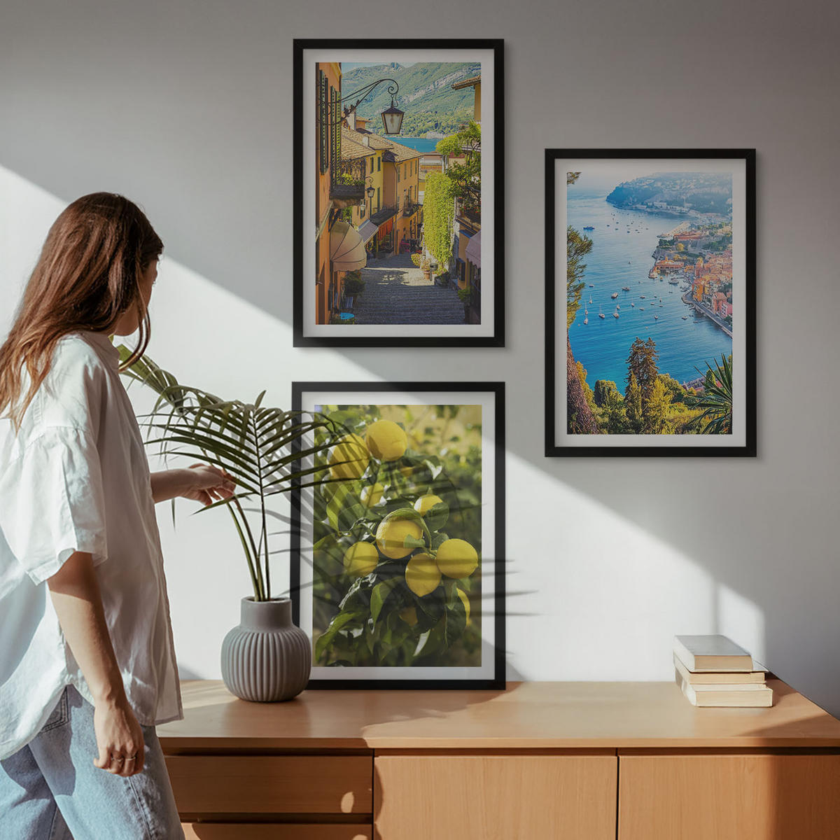 BILDER SET 3er Set - 40x60 cm Schwarzer Rahmen - Straßen am Meer, ein Meer aus Zitronen - Schwarz, Kunststoff (40/60cm) - TULUP