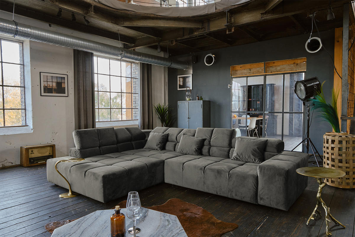 ECKSOFA MIT MOTORISCHEM SITZVORZUG NEVADA Grau Velvet - Schwarz/Grau, Textil (319/215cm) - KAWOLA