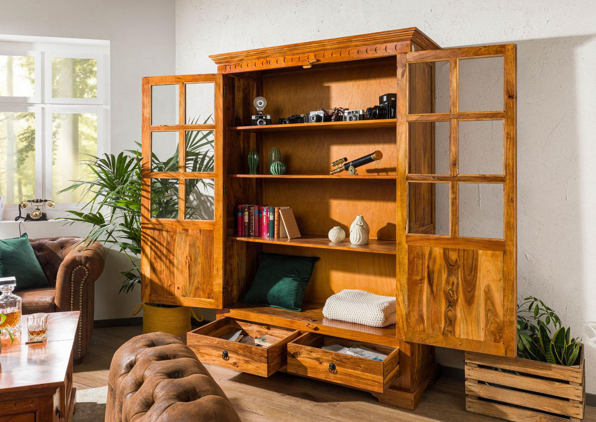 VITRINE Akazie 134x50x196 honig lackiert OXFORD #0456 - Braun, Holz (134/196/50cm) - Massivmoebel24