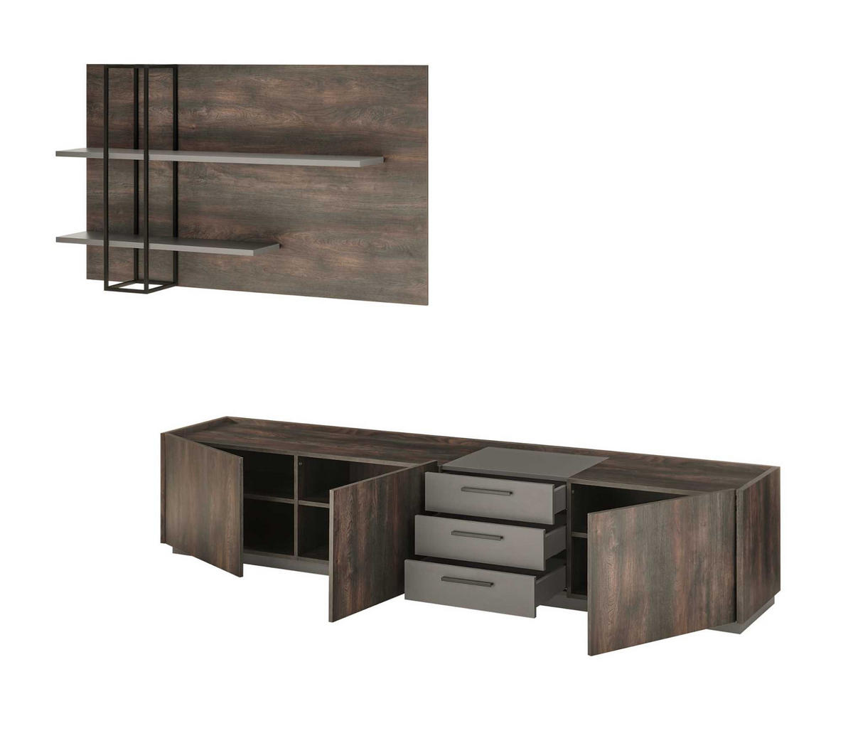 WOHNWAND Thermo Eiche, grau, Set 3-teilig mit XXL TV-Lowboard und Soft-Close - Eichefarben/Grau, Holzwerkstoff/Metall (316/200/45cm) - Furn.Design