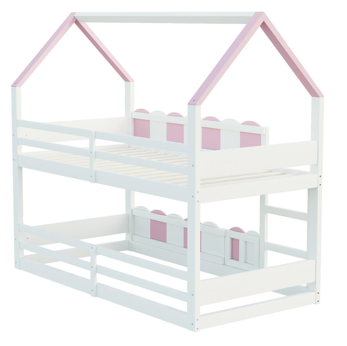 ETAGENBETT Kinder 90/200 cm Hausdesign mit Sicherheitsgeländern in Rosa und Weiß - Pink, Holz (90/200cm) - OKWISH