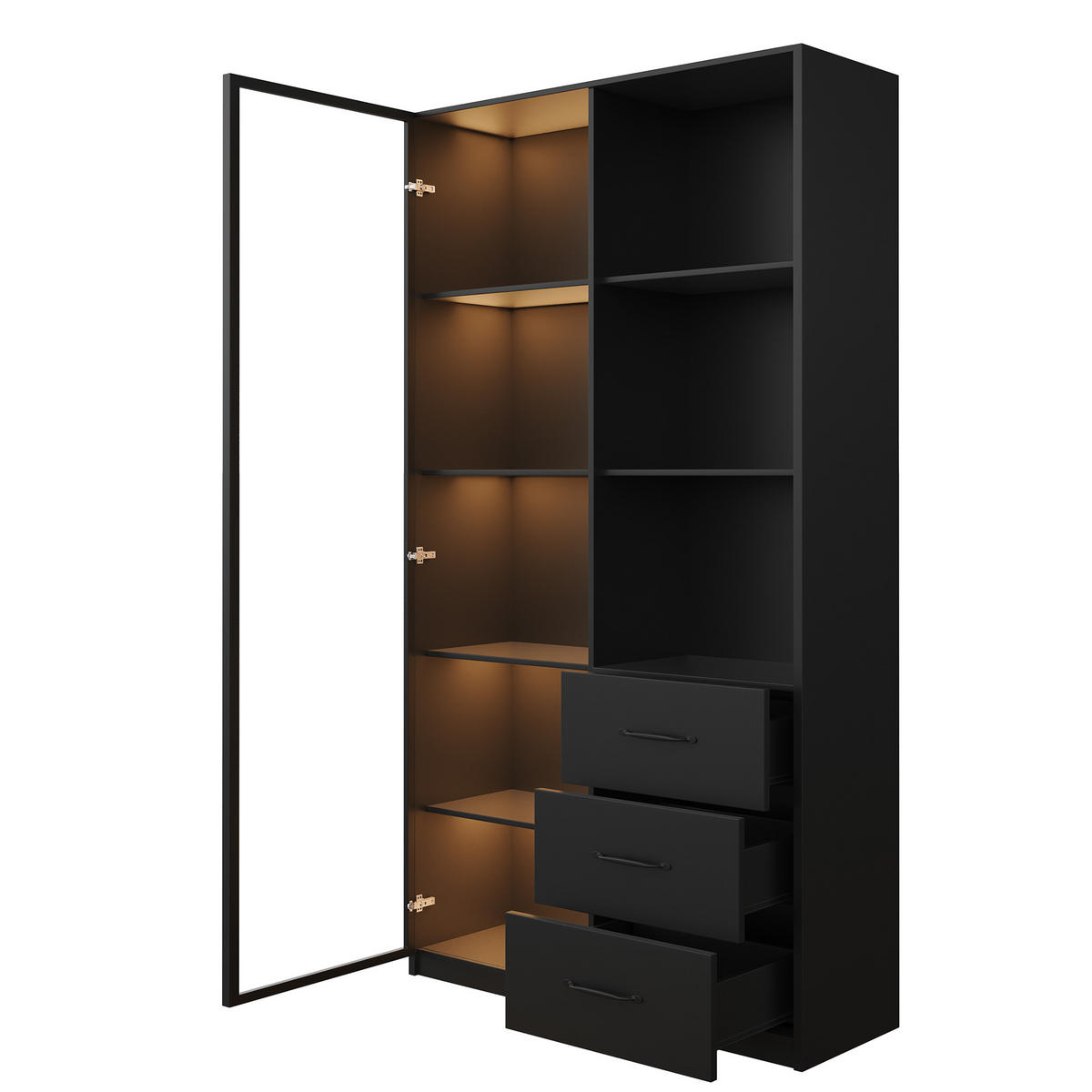 VITRINE 80cm Glas LED 3 Schubladen 3 Fächer modern - Schwarz, Holzwerkstoff (80/160/40cm) - FLIEKS