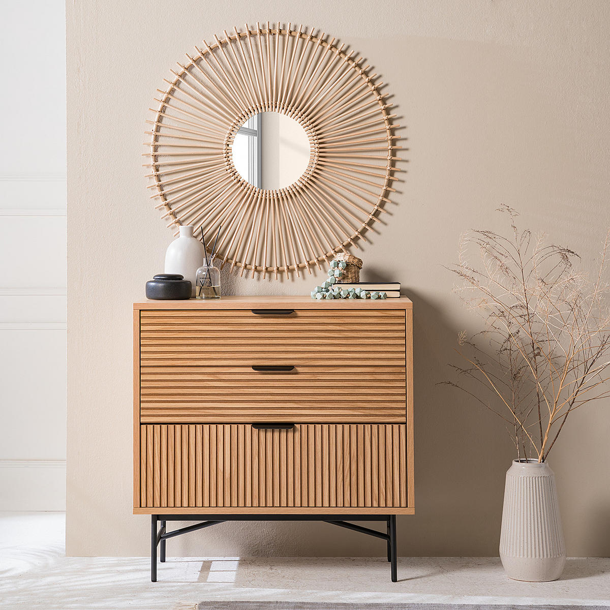 KOMMODE mit 3 Schubladen - Echtholzfurnier - Eichefarben, Holzwerkstoff (80/80/40cm) - home24