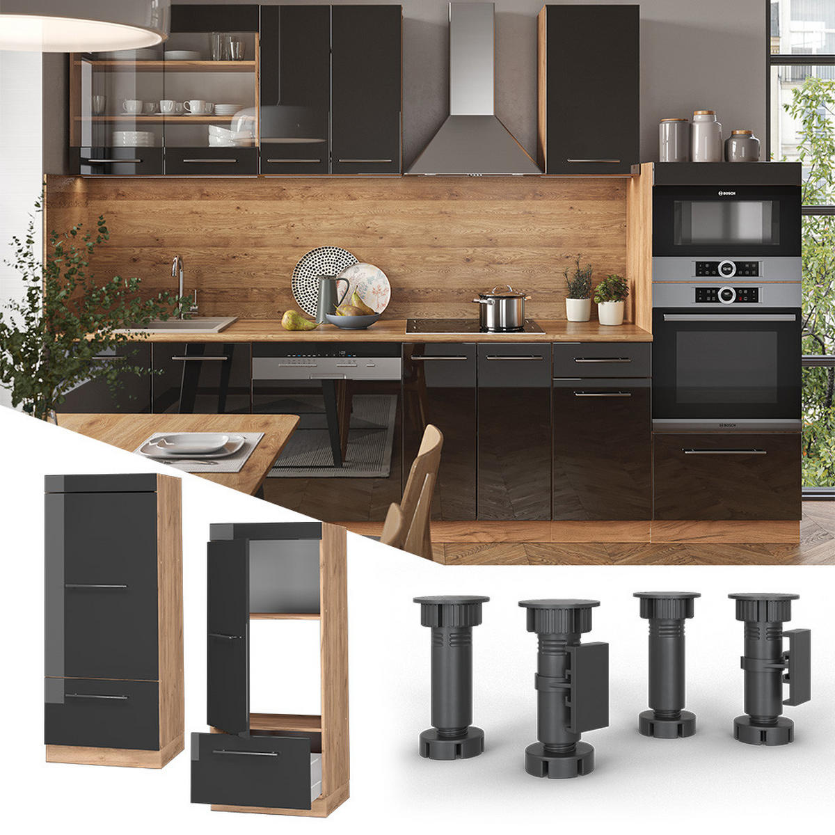 MIKROWELLENSCHRANK Fame-Line Anthrazit Hochglanz 60 cm - Honigeiche/Schwarz Hochglanz, Holzwerkstoff (60/153.6/58.1cm) - Vicco