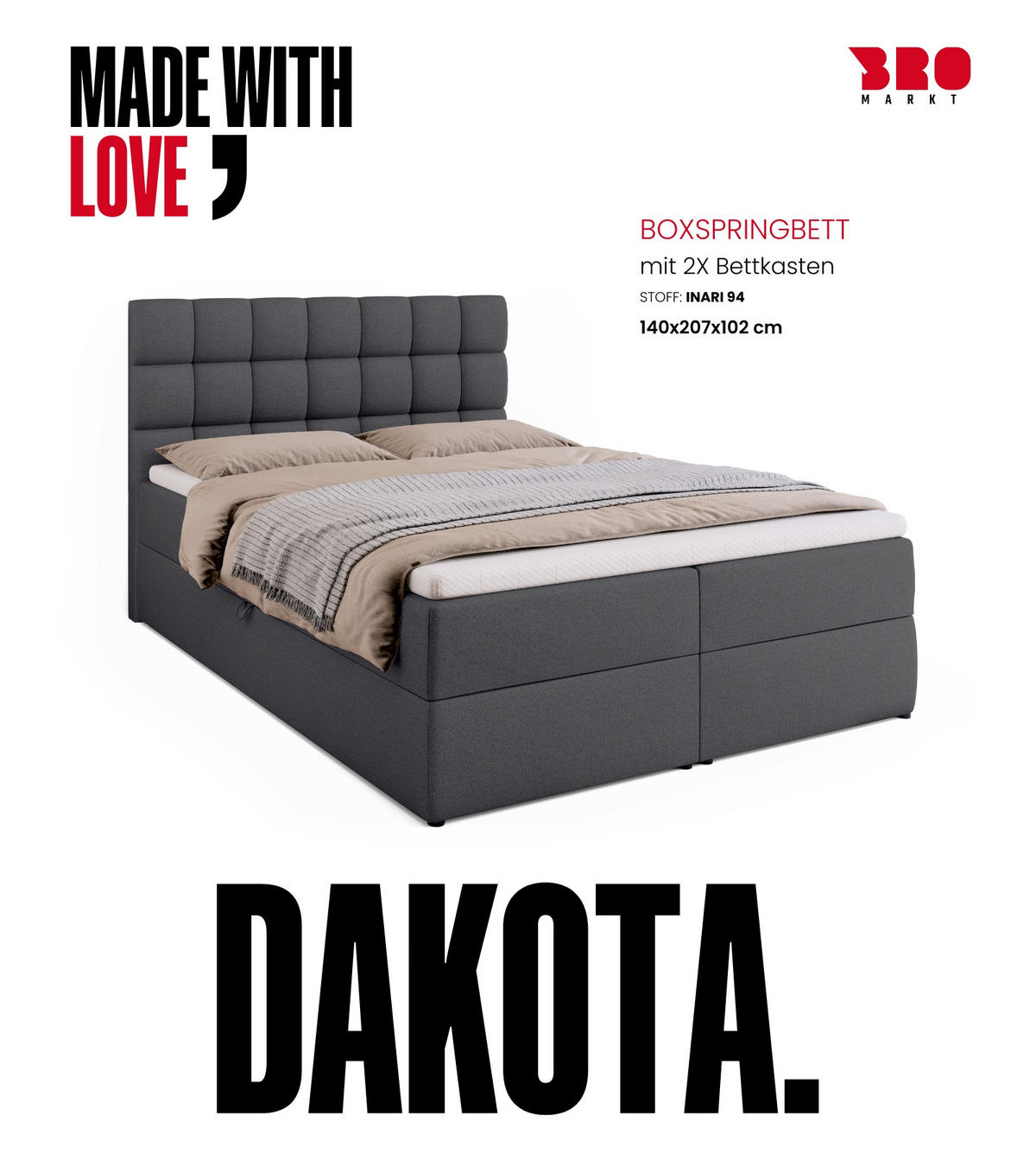 BOXBETT Dakota mit Topper 140/200 Dunkelgrau - Dunkelgrau, Textil (140/200cm) - Bromarkt