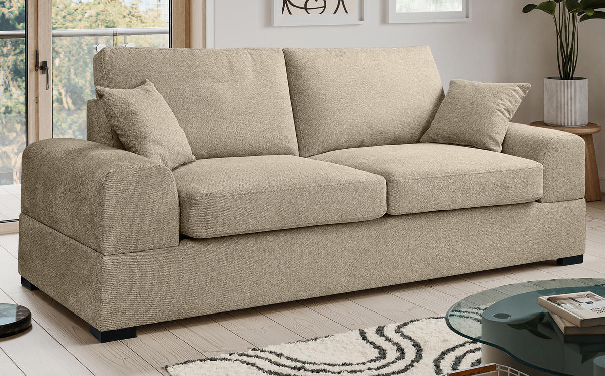 SOFA beige Strukturstoff, Couch 3-Sitzer 221 cm mit Premium Kaltschaum - Beige/Schwarz, Holz/Textil (221/90/93cm) - Inn.Furn