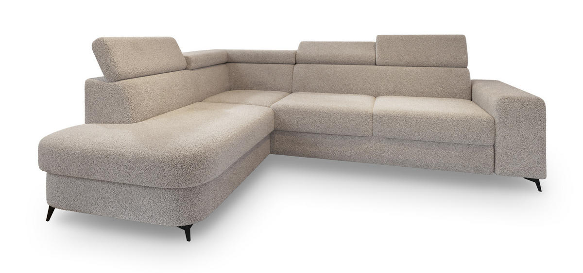 ECKSOFA ALVORO L-S Beige Boucle-Stoff mit Schlaffunktion - Beige, Holz (253/190cm) - MASSENO