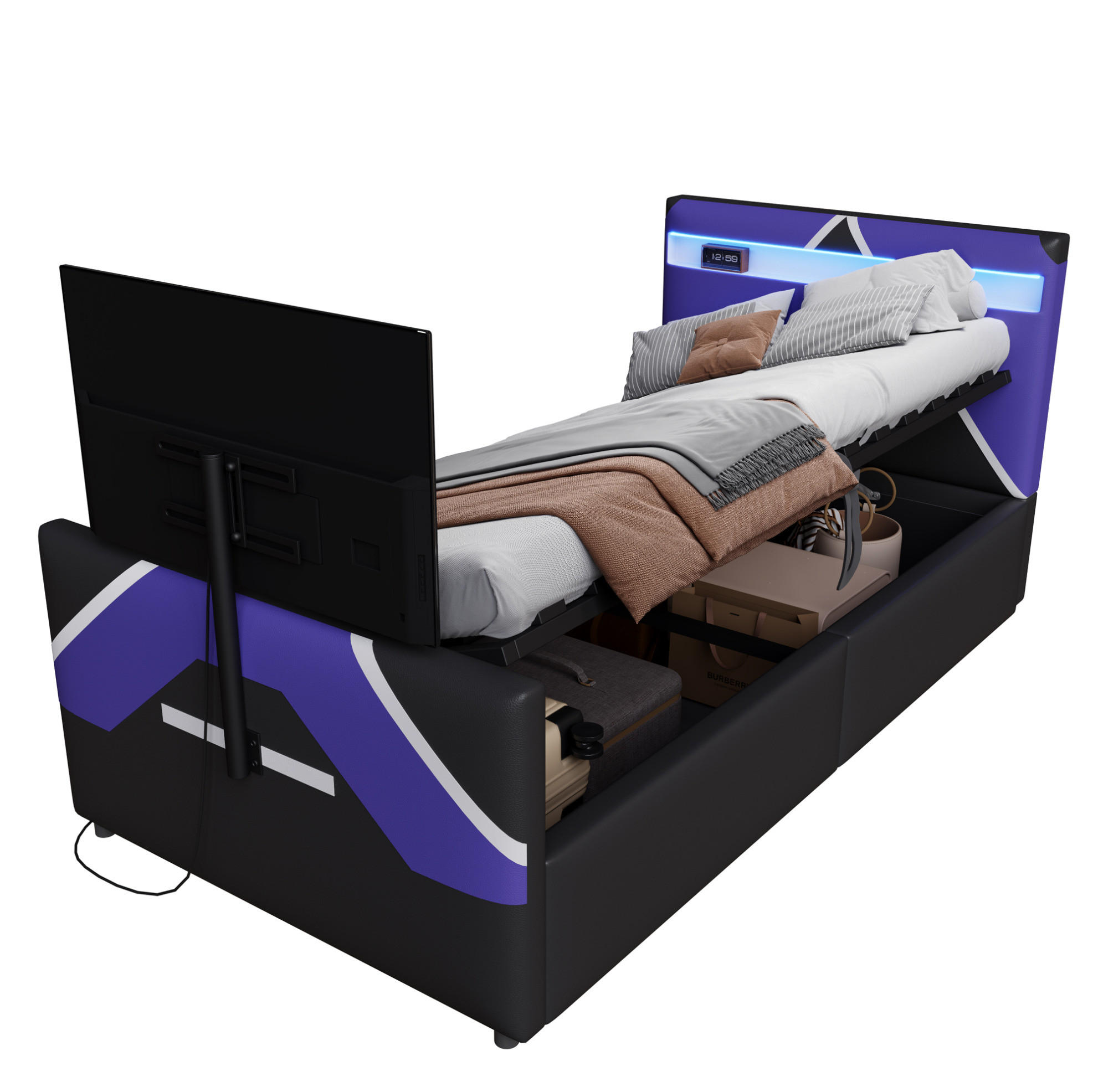 KINDERBETT 90/200 cm mit LED-Beleuchtung, TV-Halterung und hydraulischem Stauraum, Schwarz - Schwarz, Holzwerkstoff (90/200cm) - Redom
