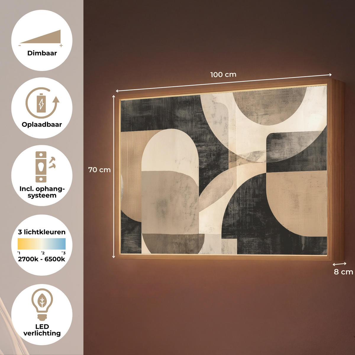 NÁSTĚNNÁ LAMPA S AKUMULÁTOREM Abstraktní - Tvary - Moderní - Béžová 100x70 cm - šedá, kompozitní dřevo (100/70/8cm) - OnlyWow