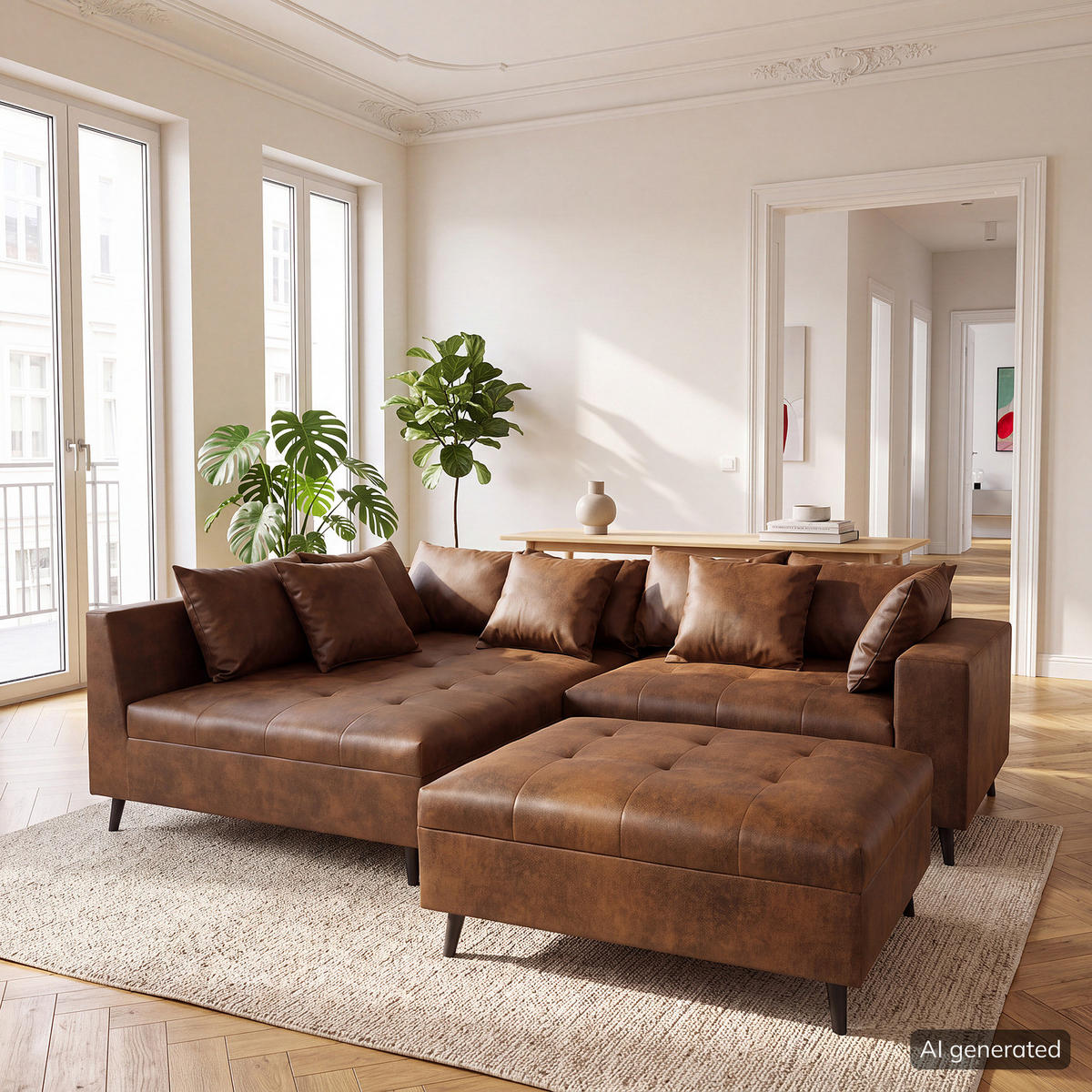 ECKSOFA mit Hocker - Schwarz/Braun, Holz/Birkenholz (247/174cm) - home24