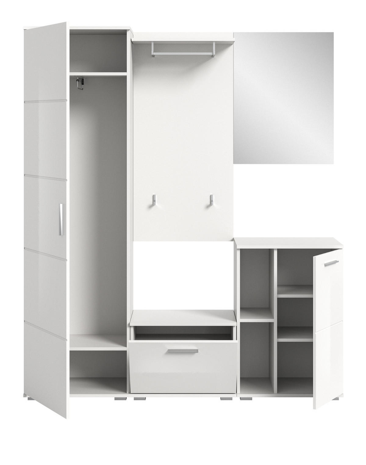 GARDEROBE SET 5-teilig weiß Hochglanz 165 cm, Kombination mit viel Stauraum - Weiß Hochglanz/Silberfarben, Glas/Holzwerkstoff (165/191/37cm) - Inn.Furn