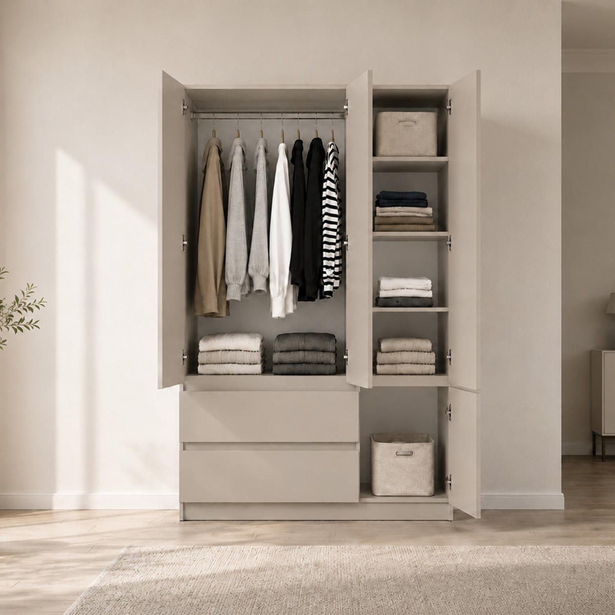 DREHTÜRENSCHRANK SOLO 4D2S II 120 cm Kaschmir/Kaschmir, 4-türig, zwei Schubladen, grifflos - Kaschmir, Holzwerkstoff (120/180/50cm) - imoebel24