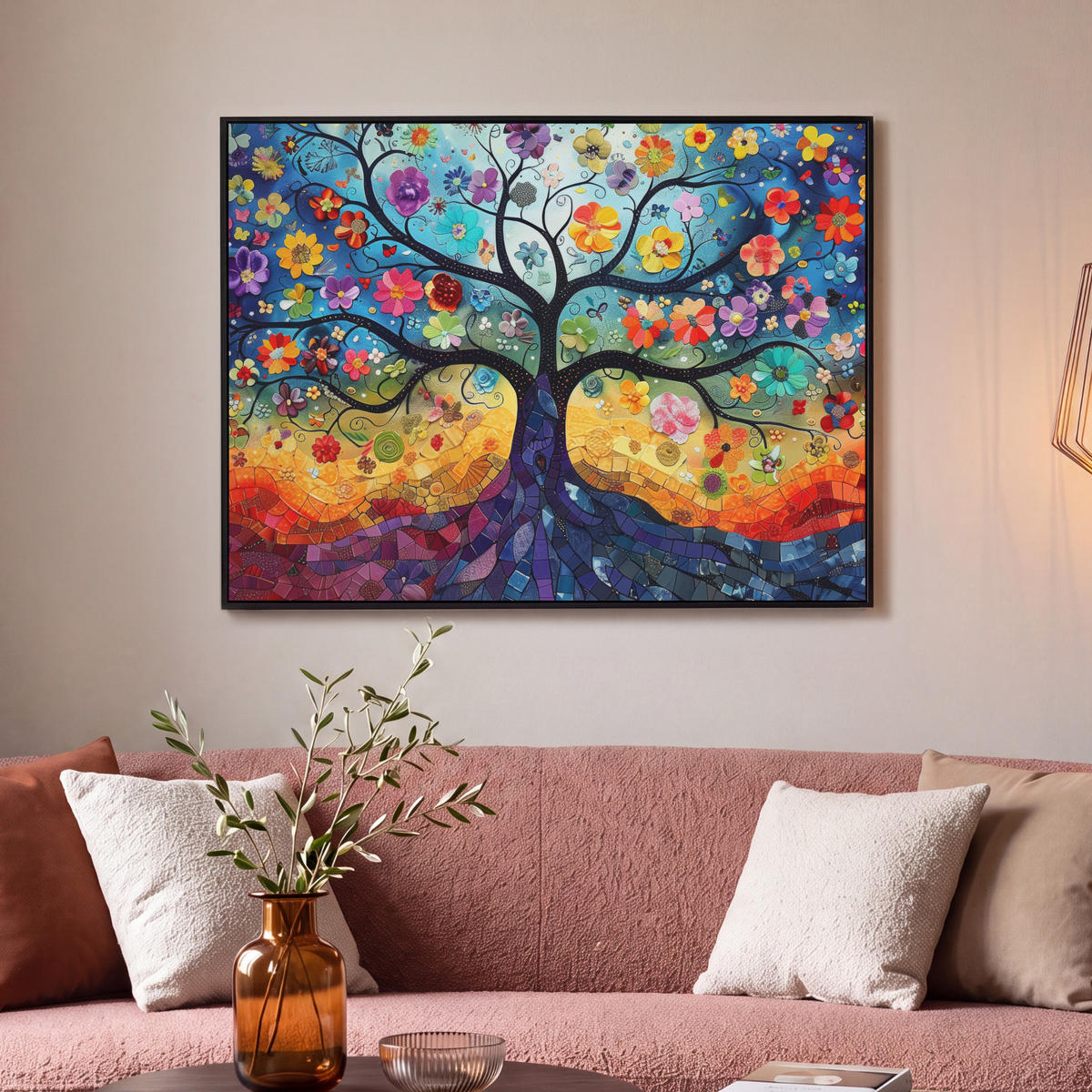 LEINWAND Bilder mit Rahmen - Kunst - Baum des Lebens - Blumen - Hippie - 100x70 - Dunkelblau, Textil (100/70cm) - MuchoWow