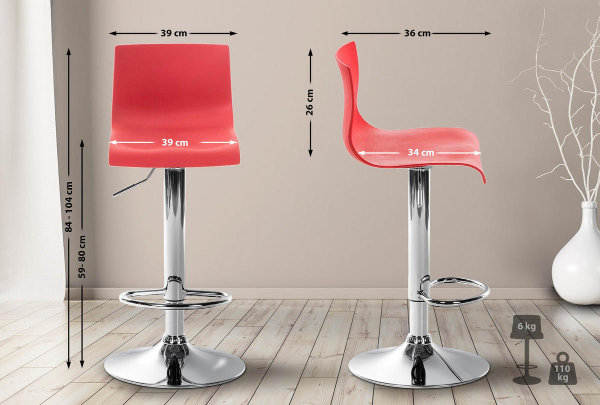 BARHOCKER Kunststoff rot - Chromfarben/Rot, Kunststoff/Metall (39/84/36cm) - CLP