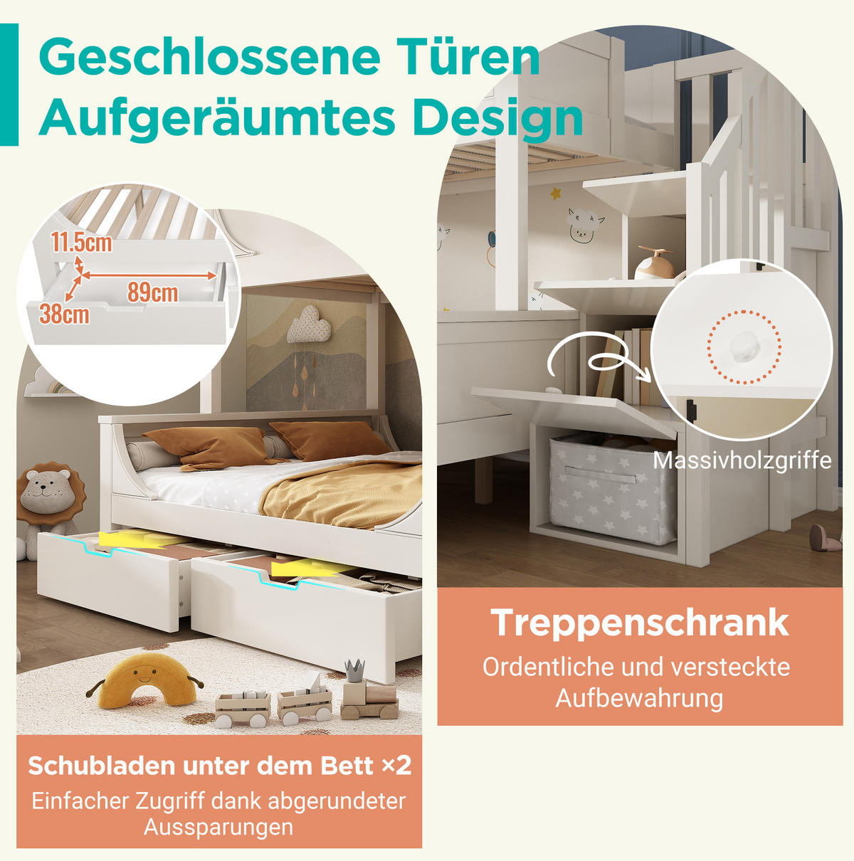 ETAGENBETT 90/200 & 140/200 cm Weiß mit Leiterschrank und Schubladen - Weiß, Metall - BEAOK