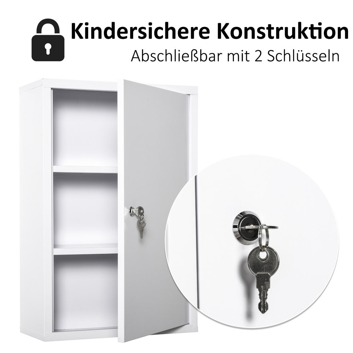 MEDIZINSCHRANK mit Schloss, 3 Fächer, Stahl, Weiß - Weiß, Metall (18/60/40cm) - Kleankin